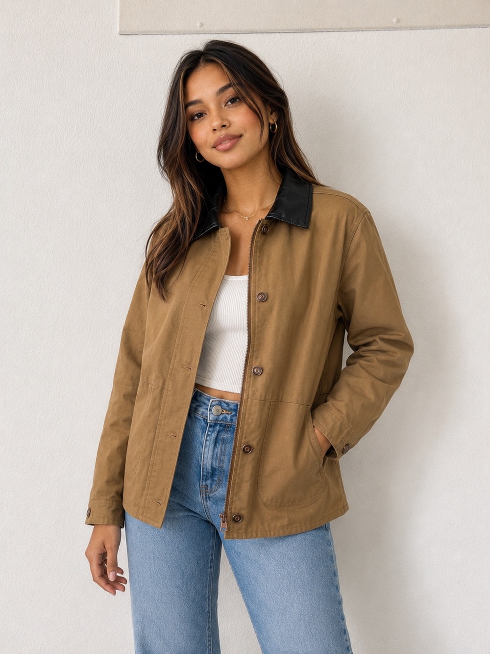 Thread & Supply Tan Jacket with Black Collar